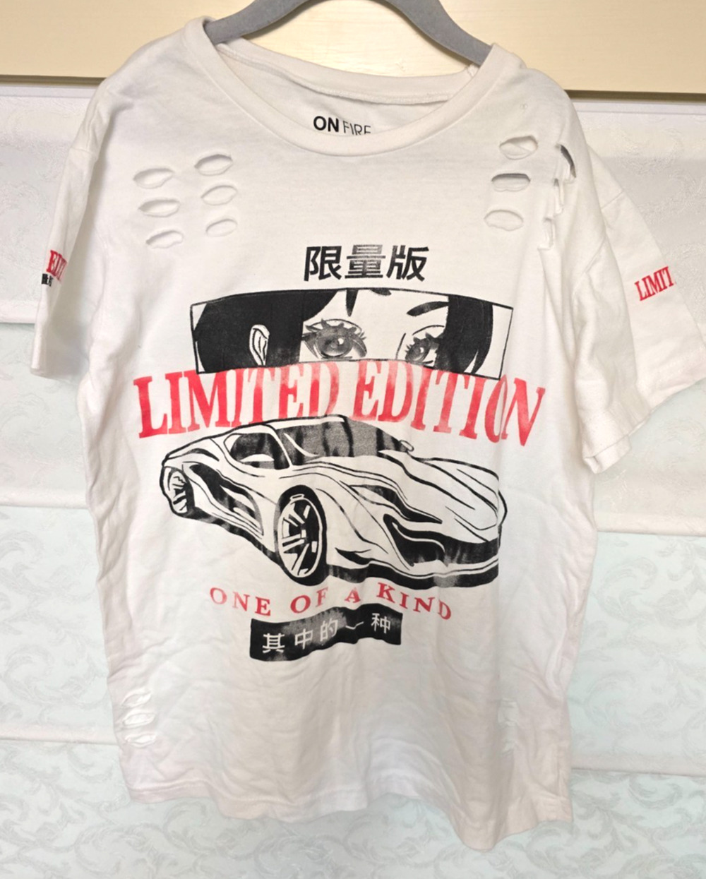 Limited Edition Shirt Youth Medium White Anime Car Distressed Tee On Fire T
